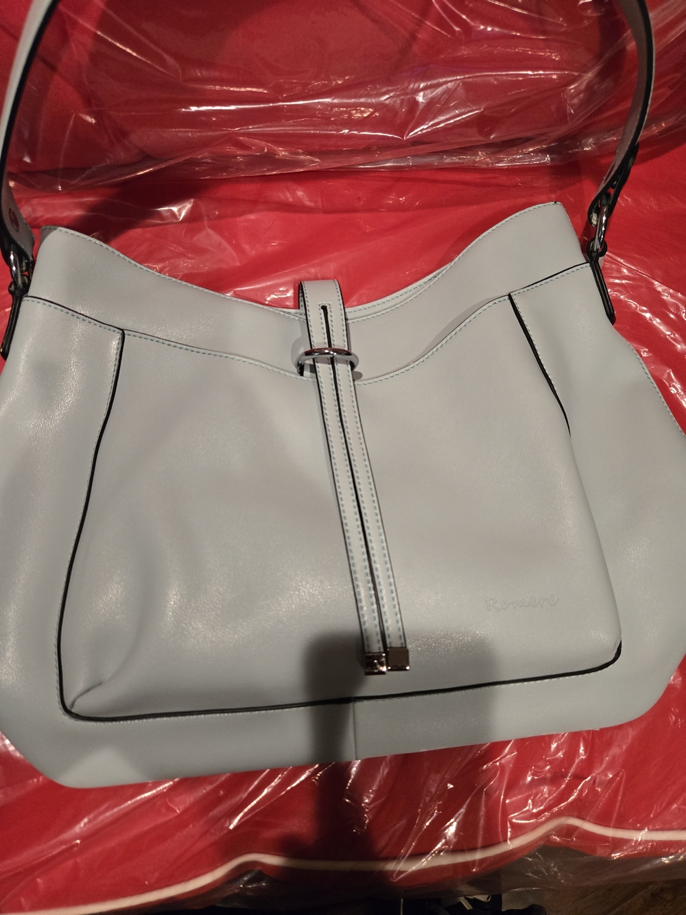 Women's Light Blue Leather Shoulder Bag with Center Strap